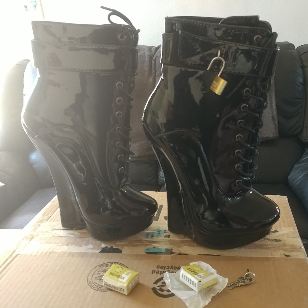 Wedge Heel Locking Ankle Booties BDSM Patent Black